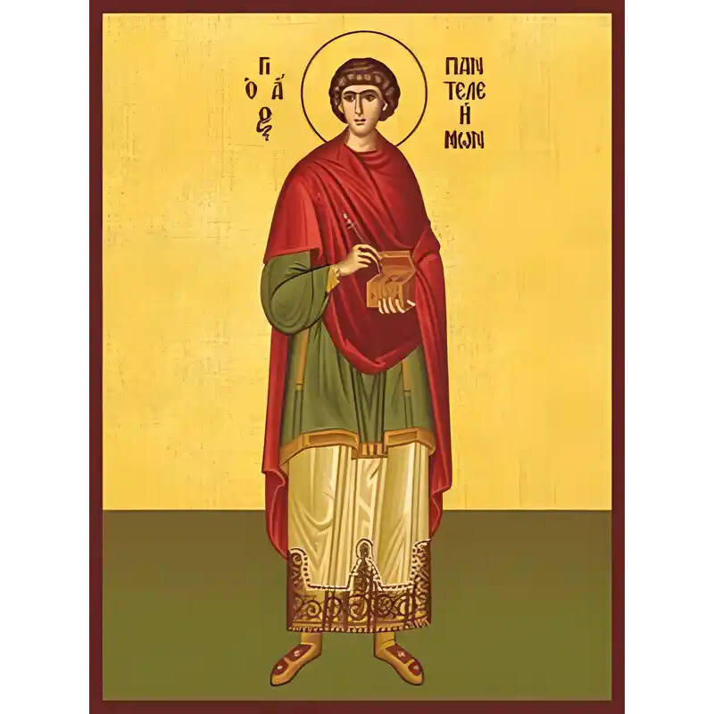 Σετ των 2 Εικόνα Ορθοδοξίας με περίγραμμα χρυσό σε ξύλο Φλαμουρίας  με  βάση Εικόνα ΑΓΙΟΣ ΠΑΝΤΕΛΕΗΜΩΝ, Ο ΜΕΓΑΛΟΜΑΡΤΥΣ, ΟΛΟΣΩΜΟΣ Χειροποίητη Ελληνορθόδοξη εικόνα του Ιησού Χριστού, Κρεμαστή πλάκα βυζαντινής τέχνης, χριστιανική τέχνη Διάσταση 15x11 cm (5,9x