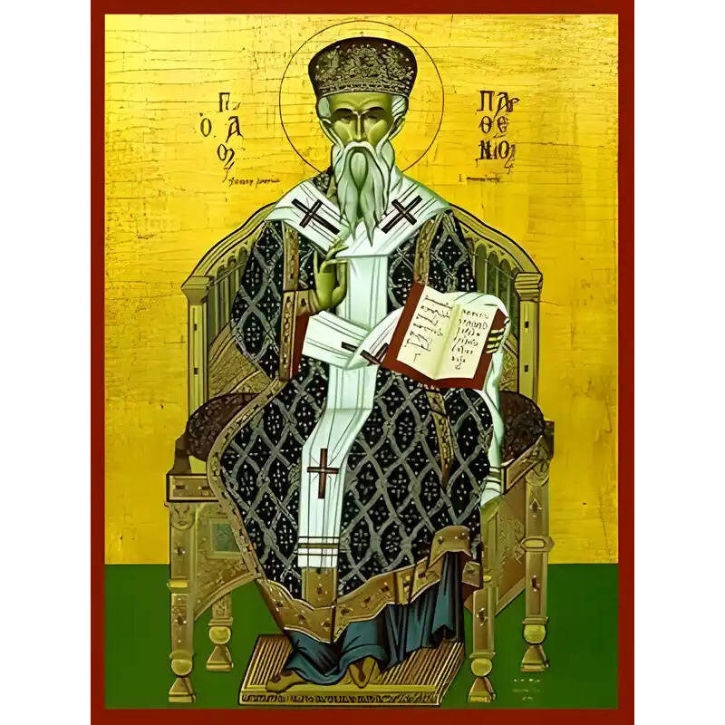 Σετ των 2 Εικόνα Ορθοδοξίας με περίγραμμα χρυσό σε ξύλο Φλαμουρίας  με  βάση Εικόνα ΑΓΙΟΣ ΠΑΡΘΕΝΙΟΣ, ΕΠΙΣΚΟΠΟΣ ΛΑΜΨΑΚΟΥ, ΕΝΘΡΟΝΟΣ Χειροποίητη Ελληνορθόδοξη εικόνα του Ιησού Χριστού, Κρεμαστή πλάκα βυζαντινής τέχνης, χριστιανική τέχνη Διάσταση 15x11 cm (5,