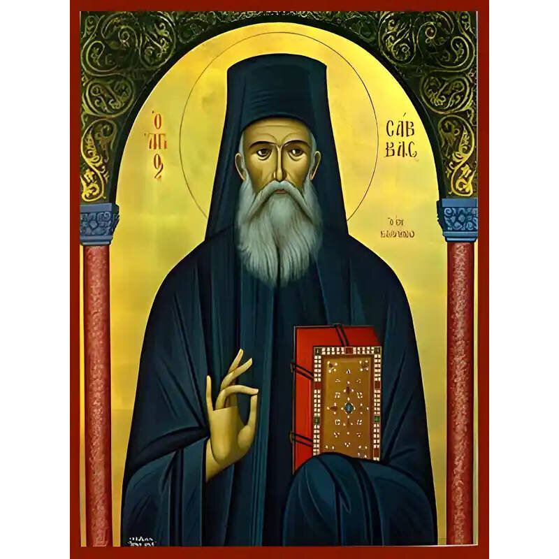 Σετ των 2 Εικόνα Ορθοδοξίας με περίγραμμα χρυσό σε ξύλο Φλαμουρίας  με  βάση Εικόνα ΑΓΙΟΣ ΣΑΒΒΑΣ, Ο ΝΕΟΣ, Ο ΕΝ ΚΑΛΥΜΝΩ Χειροποίητη Ελληνορθόδοξη εικόνα του Ιησού Χριστού, Κρεμαστή πλάκα βυζαντινής τέχνης, χριστιανική τέχνη Διάσταση 15x11 cm (5,9x4,3 ίντσε