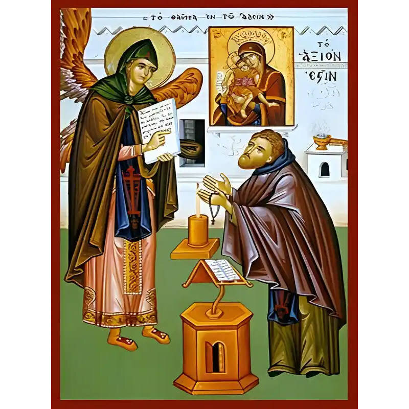 Σετ των 2 Εικόνα Ορθοδοξίας με περίγραμμα χρυσό σε ξύλο Φλαμουρίας  με  βάση Εικόνα ΑΞΙΟΝ ΕΣΤΙ, ΤΟ ΘΑΥΜΑ ΕΝ ΤΩ ΑΔΕΙΝ Χειροποίητη Ελληνορθόδοξη εικόνα του Ιησού Χριστού, Κρεμαστή πλάκα βυζαντινής τέχνης, χριστιανική τέχνη Διάσταση 15x11 cm (5,9x4,3 ίντσες)