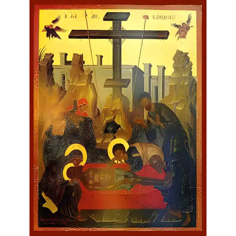 Σετ των 2 Εικόνα Ορθοδοξίας με περίγραμμα χρυσό σε ξύλο Φλαμουρίας  με  βάση Εικόνα ΑΠΟΚΑΘΗΛΩΣΙΣ (ΕΠΙΤΑΦΙΟΣ ΘΡΗΝΟΣ) Χειροποίητη Ελληνορθόδοξη εικόνα του Ιησού Χριστού, Κρεμαστή πλάκα βυζαντινής τέχνης, χριστιανική τέχνη Διάσταση 15x11 cm (5,9x4,3 ίντσες)