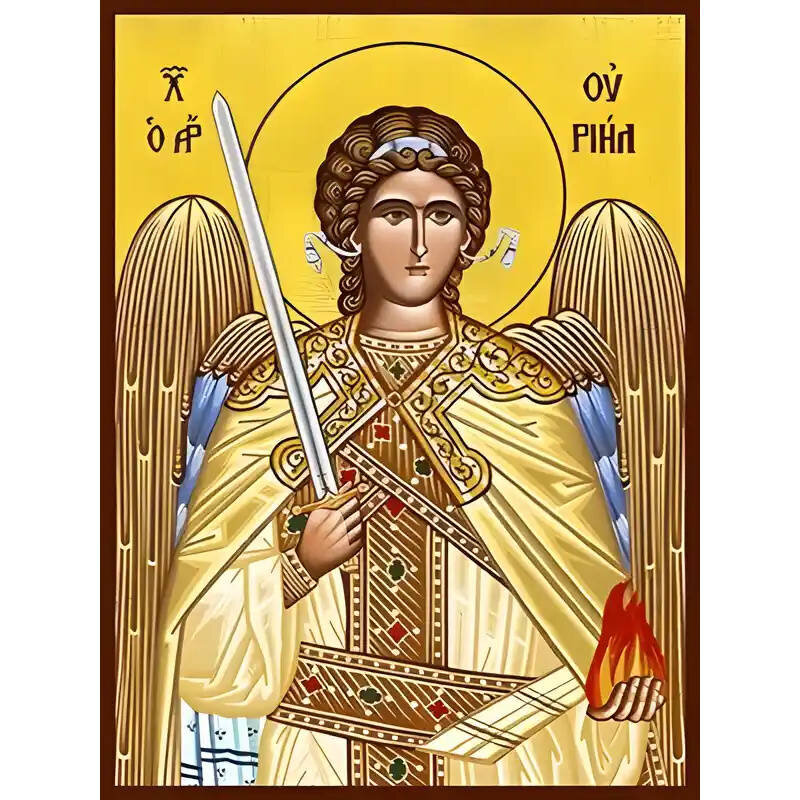 Σετ των 2 Εικόνα Ορθοδοξίας με περίγραμμα χρυσό σε ξύλο Φλαμουρίας  με  βάση Εικόνα ΑΡΧΑΓΓΕΛΟΣ ΟΥΡΙΗΛ Χειροποίητη Ελληνορθόδοξη εικόνα του Ιησού Χριστού, Κρεμαστή πλάκα βυζαντινής τέχνης, χριστιανική τέχνη Διάσταση 15x11 cm (5,9x4,3 ίντσες)  INTRAEK-33775