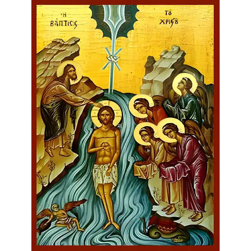 Σετ των 2 Εικόνα Ορθοδοξίας με περίγραμμα χρυσό σε ξύλο Φλαμουρίας  με  βάση Εικόνα ΒΑΠΤΙΣΙΣ ΧΡΙΣΤΟΥ Χειροποίητη Ελληνορθόδοξη εικόνα του Ιησού Χριστού, Κρεμαστή πλάκα βυζαντινής τέχνης, χριστιανική τέχνη Διάσταση 15x11 cm (5,9x4,3 ίντσες)  INTRAEK-337757