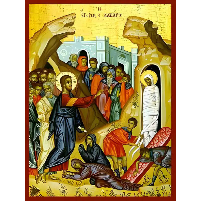 Σετ των 2 Εικόνα Ορθοδοξίας με περίγραμμα χρυσό σε ξύλο Φλαμουρίας  με  βάση Εικόνα ΕΓΕΡΣΙΣ ΛΑΖΑΡΟΥ Χειροποίητη Ελληνορθόδοξη εικόνα του Ιησού Χριστού, Κρεμαστή πλάκα βυζαντινής τέχνης, χριστιανική τέχνη Διάσταση 15x11 cm (5,9x4,3 ίντσες)  INTRAEK-3377578