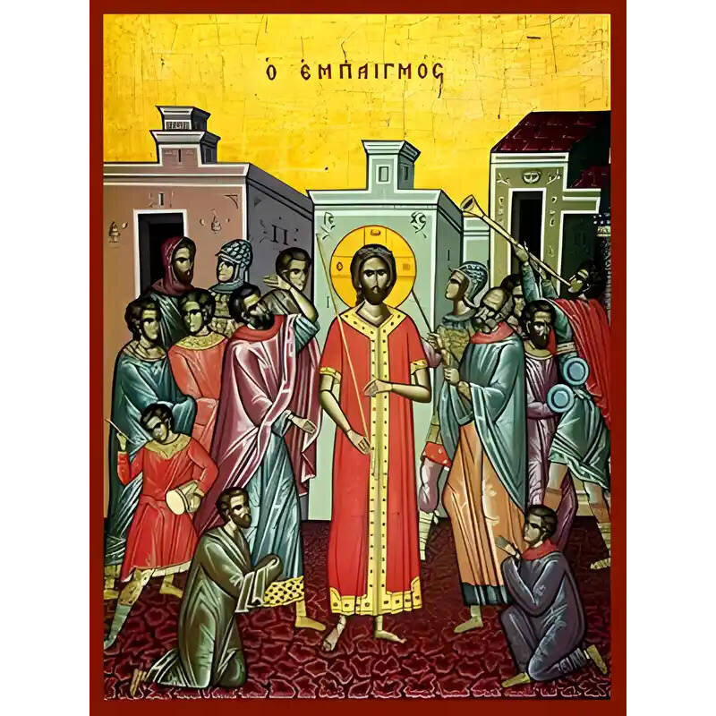 Σετ των 2 Εικόνα Ορθοδοξίας με περίγραμμα χρυσό σε ξύλο Φλαμουρίας  με  βάση Εικόνα ΕΜΠΑΙΓΜΟΣ Χειροποίητη Ελληνορθόδοξη εικόνα του Ιησού Χριστού, Κρεμαστή πλάκα βυζαντινής τέχνης, χριστιανική τέχνη Διάσταση 15x11 cm (5,9x4,3 ίντσες)  INTRAEK-337757864435