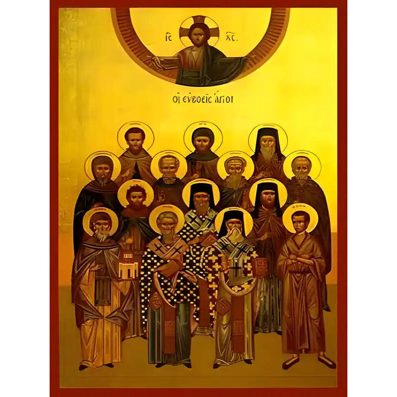 Σετ των 2 Εικόνα Ορθοδοξίας με περίγραμμα χρυσό σε ξύλο Φλαμουρίας  με  βάση Εικόνα ΕΥΒΟΕΙΣ ΑΓΙΟΙ, ΟΛΟΣΩΜΟΙ Χειροποίητη Ελληνορθόδοξη εικόνα του Ιησού Χριστού, Κρεμαστή πλάκα βυζαντινής τέχνης, χριστιανική τέχνη Διάσταση 15x11 cm (5,9x4,3 ίντσες)  INTRAEK