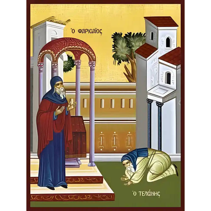 Σετ των 2 Εικόνα Ορθοδοξίας με περίγραμμα χρυσό σε ξύλο Φλαμουρίας  με  βάση Εικόνα Η ΠΑΡΑΒΟΛΗ ΤΟΥ ΤΕΛΩΝΟΥ ΚΑΙ ΤΟΥ ΦΑΡΙΣΑΙΟΥ Χειροποίητη Ελληνορθόδοξη εικόνα του Ιησού Χριστού, Κρεμαστή πλάκα βυζαντινής τέχνης, χριστιανική τέχνη Διάσταση 15x11 cm (5,9x4,3
