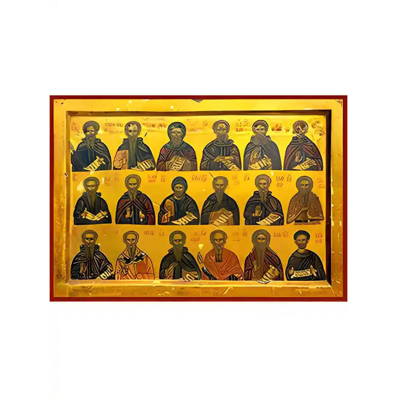 Σετ των 2 Εικόνα Ορθοδοξίας με περίγραμμα χρυσό σε ξύλο Φλαμουρίας  με  βάση Εικόνα ΘΕΟΦΟΡΟΙ ΠΑΤΕΡΕΣ ΕΝ ΑΣΚΗΣΕΙ ΔΙΑΛΑΜΨΑΝΤΕΣ Χειροποίητη Ελληνορθόδοξη εικόνα του Ιησού Χριστού, Κρεμαστή πλάκα βυζαντινής τέχνης, χριστιανική τέχνη Διάσταση 15x11 cm (5,9x4,3