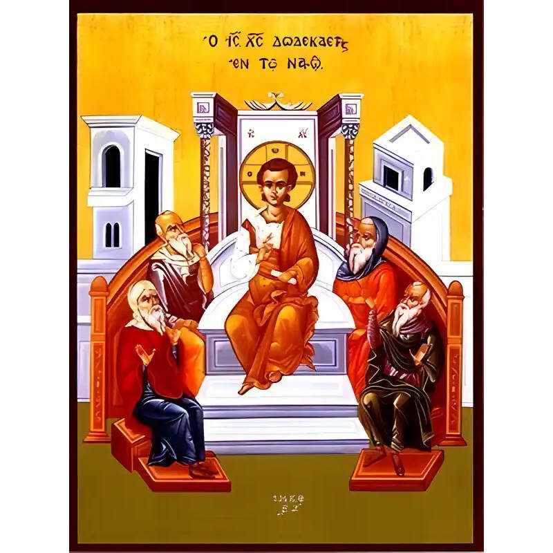 Σετ των 2 Εικόνα Ορθοδοξίας με περίγραμμα χρυσό σε ξύλο Φλαμουρίας  με  βάση Εικόνα ΙΗΣΟΥΣ ΧΡΙΣΤΟΣ ΔΩΔΕΚΑΕΤΗΣ ΕΝ ΤΩ ΝΑΩ, ΜΕΣΟΠΕΝΤΗΚΟΣΤΗ Χειροποίητη Ελληνορθόδοξη εικόνα του Ιησού Χριστού, Κρεμαστή πλάκα βυζαντινής τέχνης, χριστιανική τέχνη Διάσταση 15x11