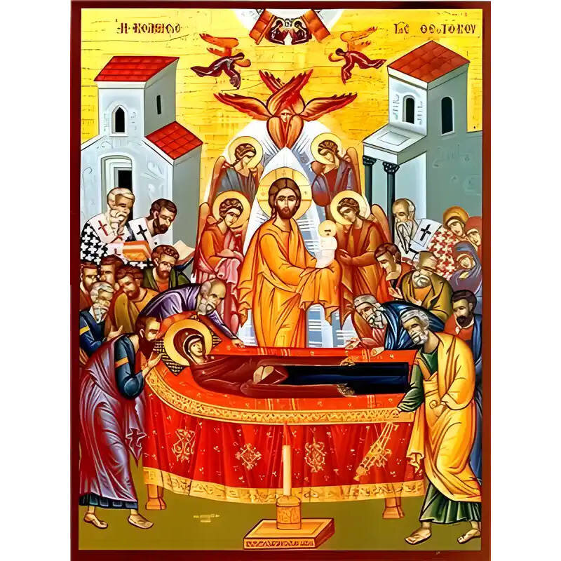 Σετ των 2 Εικόνα Ορθοδοξίας με περίγραμμα χρυσό σε ξύλο Φλαμουρίας  με  βάση Εικόνα ΚΟΙΜΗΣΙΣ ΘΕΟΤΟΚΟΥ Χειροποίητη Ελληνορθόδοξη εικόνα του Ιησού Χριστού, Κρεμαστή πλάκα βυζαντινής τέχνης, χριστιανική τέχνη Διάσταση 15x11 cm (5,9x4,3 ίντσες)  INTRAEK-33775