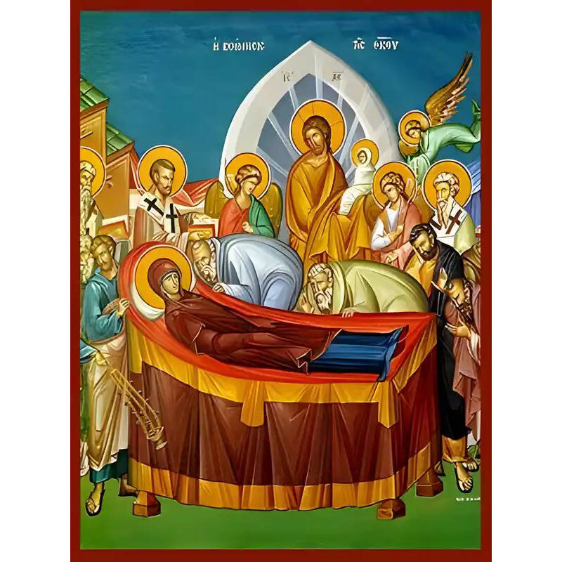 Σετ των 2 Εικόνα Ορθοδοξίας με περίγραμμα χρυσό σε ξύλο Φλαμουρίας  με  βάση Εικόνα ΚΟΙΜΗΣΙΣ ΘΕΟΤΟΚΟΥ, ΛΕΠΤΟΜΕΡΕΙΑ Χειροποίητη Ελληνορθόδοξη εικόνα του Ιησού Χριστού, Κρεμαστή πλάκα βυζαντινής τέχνης, χριστιανική τέχνη Διάσταση 15x11 cm (5,9x4,3 ίντσες)