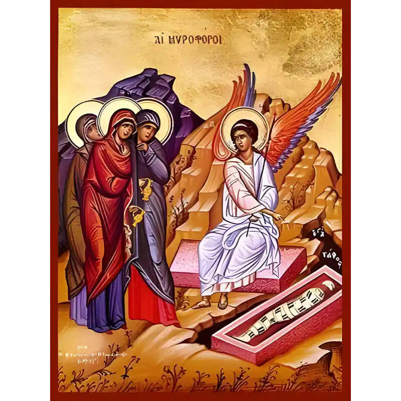 Σετ των 2 Εικόνα Ορθοδοξίας με περίγραμμα χρυσό σε ξύλο Φλαμουρίας  με  βάση Εικόνα ΜΥΡΟΦΟΡΟΙ Χειροποίητη Ελληνορθόδοξη εικόνα του Ιησού Χριστού, Κρεμαστή πλάκα βυζαντινής τέχνης, χριστιανική τέχνη Διάσταση 15x11 cm (5,9x4,3 ίντσες)  INTRAEK-337757864388