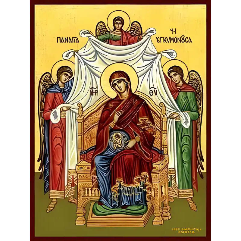 Σετ των 2 Εικόνα Ορθοδοξίας με περίγραμμα χρυσό σε ξύλο Φλαμουρίας  με  βάση Εικόνα ΠΑΝΑΓΙΑ Η ΕΓΚΥΜΟΝΟΥΣΑ, ΔΥΝΑΜΙΣ ΤΟΥ ΥΨΙΣΤΟΥ, ΕΝΘΡΟΝΟΣ Χειροποίητη Ελληνορθόδοξη εικόνα του Ιησού Χριστού, Κρεμαστή πλάκα βυζαντινής τέχνης, χριστιανική τέχνη Διάσταση 15x11