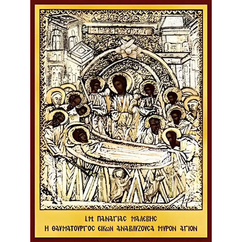 Σετ των 2 Εικόνα Ορθοδοξίας με περίγραμμα χρυσό σε ξύλο Φλαμουρίας  με  βάση Εικόνα ΠΑΝΑΓΙΑ ΜΑΛΕΒΗΣ (ΚΟΙΜΗΣΙΣ) Χειροποίητη Ελληνορθόδοξη εικόνα του Ιησού Χριστού, Κρεμαστή πλάκα βυζαντινής τέχνης, χριστιανική τέχνη Διάσταση 15x11 cm (5,9x4,3 ίντσες)  INTR