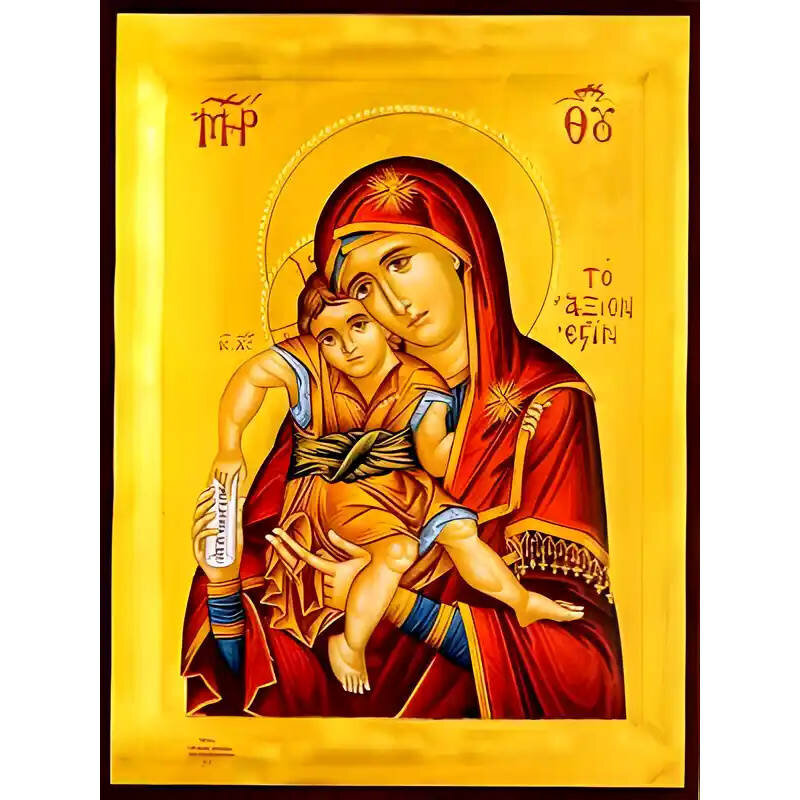 Σετ των 2 Εικόνα Ορθοδοξίας με περίγραμμα χρυσό σε ξύλο Φλαμουρίας  με  βάση Εικόνα ΠΑΝΑΓΙΑ ΜΕ ΧΡΙΣΤΟ, ΑΞΙΟΝ ΕΣΤΙ Χειροποίητη Ελληνορθόδοξη εικόνα του Ιησού Χριστού, Κρεμαστή πλάκα βυζαντινής τέχνης, χριστιανική τέχνη Διάσταση 15x11 cm (5,9x4,3 ίντσες)  I