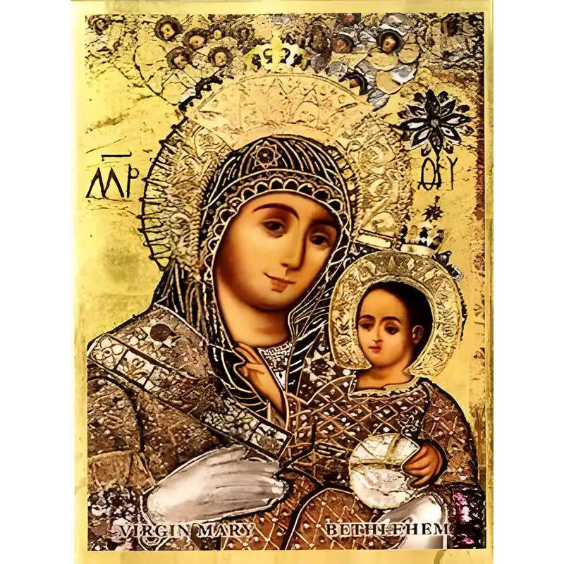 Σετ των 2 Εικόνα Ορθοδοξίας με περίγραμμα χρυσό σε ξύλο Φλαμουρίας  με  βάση Εικόνα ΠΑΝΑΓΙΑ ΜΕ ΧΡΙΣΤΟ, ΒΗΘΛΕΕΜ Χειροποίητη Ελληνορθόδοξη εικόνα του Ιησού Χριστού, Κρεμαστή πλάκα βυζαντινής τέχνης, χριστιανική τέχνη Διάσταση 15x11 cm (5,9x4,3 ίντσες)  INTR