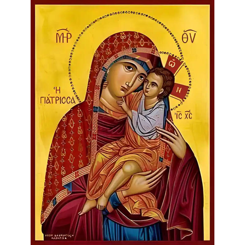 Σετ των 2 Εικόνα Ορθοδοξίας με περίγραμμα χρυσό σε ξύλο Φλαμουρίας  με  βάση Εικόνα ΠΑΝΑΓΙΑ ΜΕ ΧΡΙΣΤΟ, ΓΙΑΤΡΙΣΣΑ Χειροποίητη Ελληνορθόδοξη εικόνα του Ιησού Χριστού, Κρεμαστή πλάκα βυζαντινής τέχνης, χριστιανική τέχνη Διάσταση 15x11 cm (5,9x4,3 ίντσες)  IN