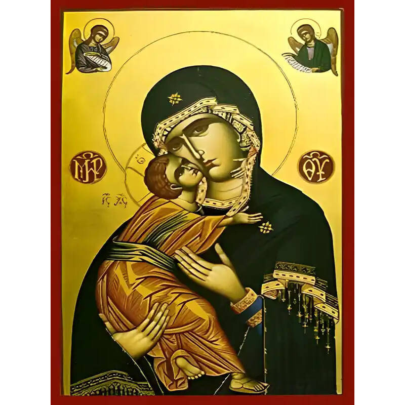 Σετ των 2 Εικόνα Ορθοδοξίας με περίγραμμα χρυσό σε ξύλο Φλαμουρίας  με  βάση Εικόνα ΠΑΝΑΓΙΑ ΜΕ ΧΡΙΣΤΟ, ΓΛΥΚΟΦΙΛΟΥΣΑ ΜΕ ΑΓΓΕΛΟΥΣ Χειροποίητη Ελληνορθόδοξη εικόνα του Ιησού Χριστού, Κρεμαστή πλάκα βυζαντινής τέχνης, χριστιανική τέχνη Διάσταση 15x11 cm (5,9x