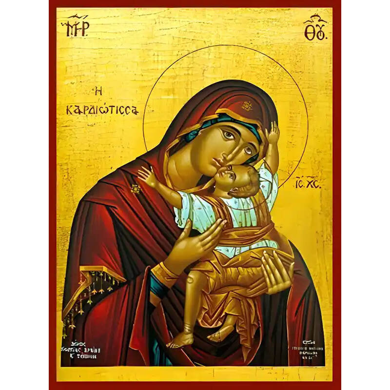 Σετ των 2 Εικόνα Ορθοδοξίας με περίγραμμα χρυσό σε ξύλο Φλαμουρίας  με  βάση Εικόνα ΠΑΝΑΓΙΑ ΜΕ ΧΡΙΣΤΟ, ΓΛΥΚΟΦΙΛΟΥΣΑ, ΚΑΡΔΙΩΤΙΣΣΑ Χειροποίητη Ελληνορθόδοξη εικόνα του Ιησού Χριστού, Κρεμαστή πλάκα βυζαντινής τέχνης, χριστιανική τέχνη Διάσταση 15x11 cm (5,9