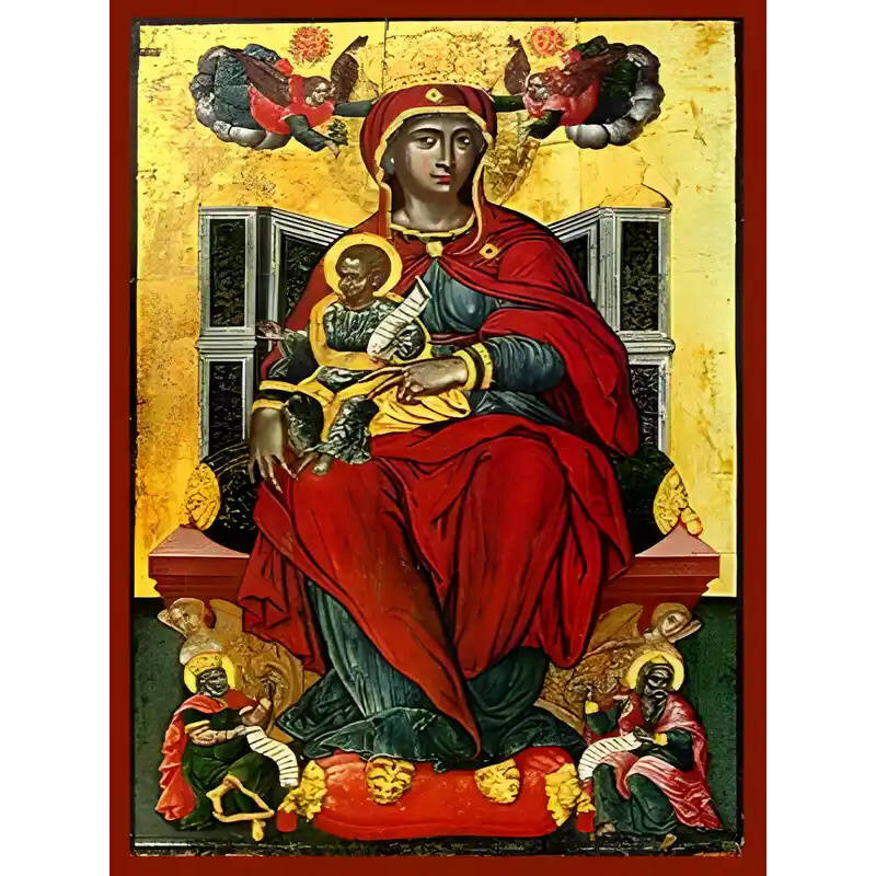 Σετ των 2 Εικόνα Ορθοδοξίας με περίγραμμα χρυσό σε ξύλο Φλαμουρίας  με  βάση Εικόνα ΠΑΝΑΓΙΑ ΜΕ ΧΡΙΣΤΟ, ΕΝΘΡΟΝΟΣ, ΥΨΗΛΟΤΕΡΑ ΤΩΝ ΟΥΡΑΝΩΝ Χειροποίητη Ελληνορθόδοξη εικόνα του Ιησού Χριστού, Κρεμαστή πλάκα βυζαντινής τέχνης, χριστιανική τέχνη Διάσταση 15x11 c