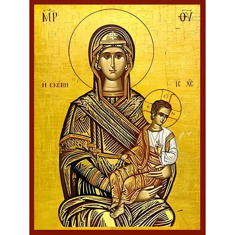 Σετ των 2 Εικόνα Ορθοδοξίας με περίγραμμα χρυσό σε ξύλο Φλαμουρίας  με  βάση Εικόνα ΠΑΝΑΓΙΑ ΜΕ ΧΡΙΣΤΟ, Η ΑΓΙΑ ΣΚΕΠΗ Χειροποίητη Ελληνορθόδοξη εικόνα του Ιησού Χριστού, Κρεμαστή πλάκα βυζαντινής τέχνης, χριστιανική τέχνη Διάσταση 15x11 cm (5,9x4,3 ίντσες)