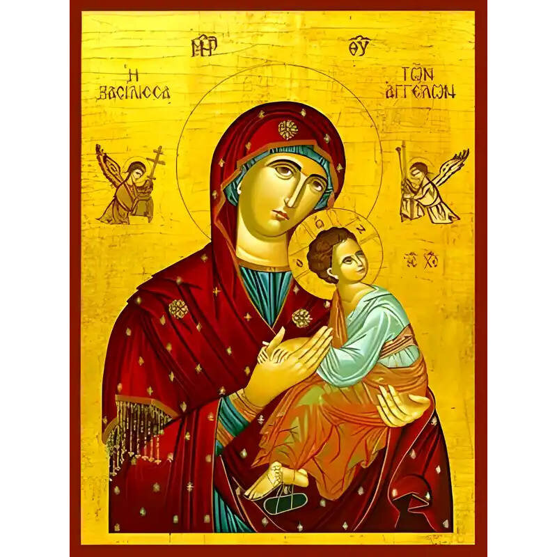 Σετ των 2 Εικόνα Ορθοδοξίας με περίγραμμα χρυσό σε ξύλο Φλαμουρίας  με  βάση Εικόνα ΠΑΝΑΓΙΑ ΜΕ ΧΡΙΣΤΟ, Η ΒΑΣΙΛΙΣΣΑ ΤΩΝ ΑΓΓΕΛΩΝ Χειροποίητη Ελληνορθόδοξη εικόνα του Ιησού Χριστού, Κρεμαστή πλάκα βυζαντινής τέχνης, χριστιανική τέχνη Διάσταση 15x11 cm (5,9x4