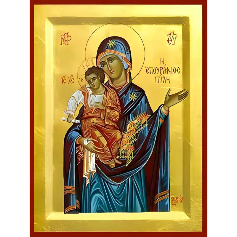 Σετ των 2 Εικόνα Ορθοδοξίας με περίγραμμα χρυσό σε ξύλο Φλαμουρίας  με  βάση Εικόνα ΠΑΝΑΓΙΑ ΜΕ ΧΡΙΣΤΟ, Η ΕΠΟΥΡΑΝΙΟΣ ΠΥΛΗ Χειροποίητη Ελληνορθόδοξη εικόνα του Ιησού Χριστού, Κρεμαστή πλάκα βυζαντινής τέχνης, χριστιανική τέχνη Διάσταση 15x11 cm (5,9x4,3 ίντ