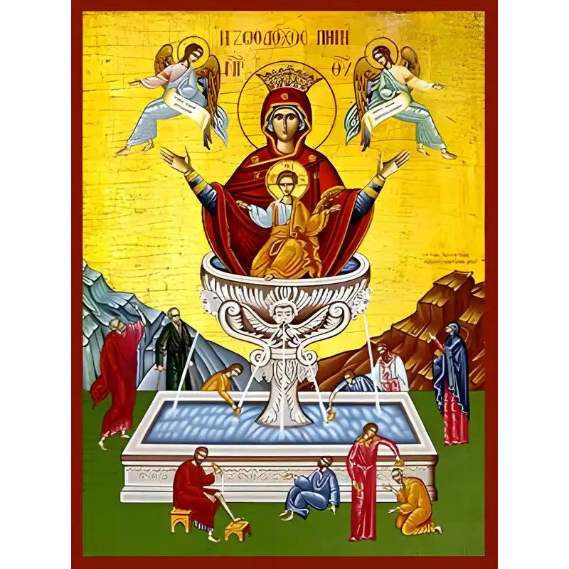 Σετ των 2 Εικόνα Ορθοδοξίας με περίγραμμα χρυσό σε ξύλο Φλαμουρίας  με  βάση Εικόνα ΠΑΝΑΓΙΑ ΜΕ ΧΡΙΣΤΟ, Η ΖΩΟΔΟΧΟΣ ΠΗΓΗ Χειροποίητη Ελληνορθόδοξη εικόνα του Ιησού Χριστού, Κρεμαστή πλάκα βυζαντινής τέχνης, χριστιανική τέχνη Διάσταση 15x11 cm (5,9x4,3 ίντσε