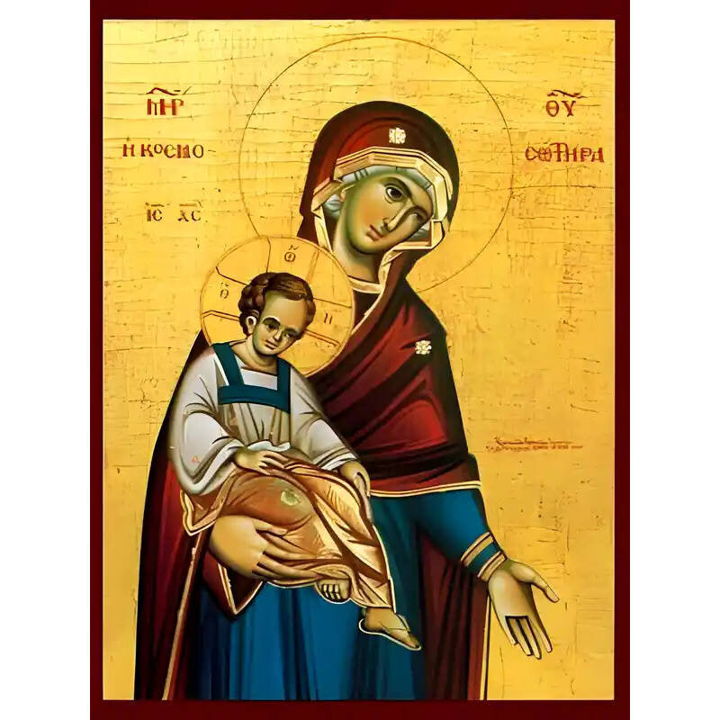 Σετ των 2 Εικόνα Ορθοδοξίας με περίγραμμα χρυσό σε ξύλο Φλαμουρίας  με  βάση Εικόνα ΠΑΝΑΓΙΑ ΜΕ ΧΡΙΣΤΟ, Η ΚΟΣΜΟΣΩΤΗΡΑ Χειροποίητη Ελληνορθόδοξη εικόνα του Ιησού Χριστού, Κρεμαστή πλάκα βυζαντινής τέχνης, χριστιανική τέχνη Διάσταση 15x11 cm (5,9x4,3 ίντσες)