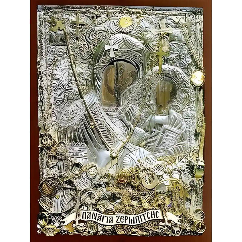 Σετ των 2 Εικόνα Ορθοδοξίας με περίγραμμα χρυσό σε ξύλο Φλαμουρίας  με  βάση Εικόνα ΠΑΝΑΓΙΑ ΜΕ ΧΡΙΣΤΟ, Η ΚΥΡΙΑ ΘΕΟΤΟΚΟΣ ΤΗΣ ΖΕΡΜΠΙΤΣΗΣ, ΛΑΚΩΝΙΑ Χειροποίητη Ελληνορθόδοξη εικόνα του Ιησού Χριστού, Κρεμαστή πλάκα βυζαντινής τέχνης, χριστιανική τέχνη Διάστασ