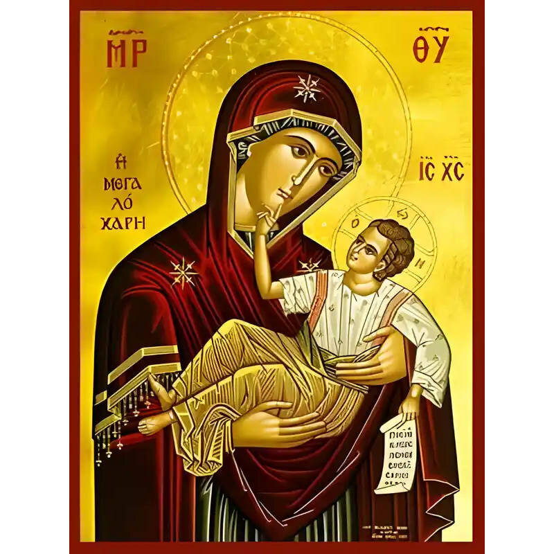 Σετ των 2 Εικόνα Ορθοδοξίας με περίγραμμα χρυσό σε ξύλο Φλαμουρίας  με  βάση Εικόνα ΠΑΝΑΓΙΑ ΜΕ ΧΡΙΣΤΟ, Η ΜΕΓΑΛΟΧΑΡΗ Χειροποίητη Ελληνορθόδοξη εικόνα του Ιησού Χριστού, Κρεμαστή πλάκα βυζαντινής τέχνης, χριστιανική τέχνη Διάσταση 15x11 cm (5,9x4,3 ίντσες)