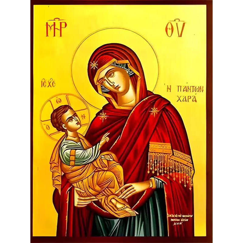 Σετ των 2 Εικόνα Ορθοδοξίας με περίγραμμα χρυσό σε ξύλο Φλαμουρίας  με  βάση Εικόνα ΠΑΝΑΓΙΑ ΜΕ ΧΡΙΣΤΟ, Η ΠΑΝΤΩΝ ΧΑΡΑ Χειροποίητη Ελληνορθόδοξη εικόνα του Ιησού Χριστού, Κρεμαστή πλάκα βυζαντινής τέχνης, χριστιανική τέχνη Διάσταση 15x11 cm (5,9x4,3 ίντσες)
