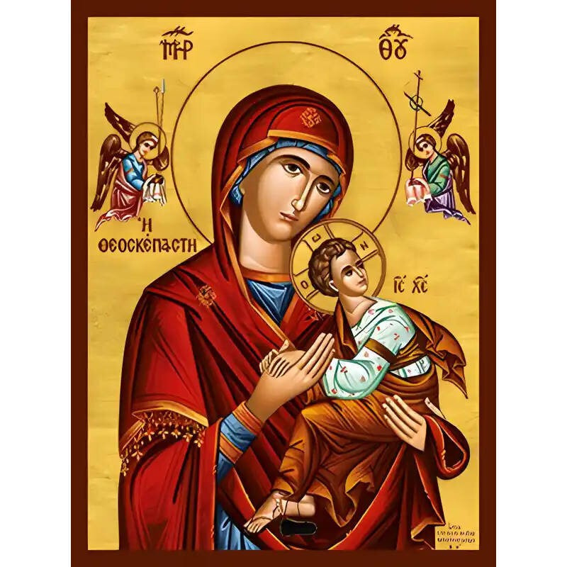 Σετ των 2 Εικόνα Ορθοδοξίας με περίγραμμα χρυσό σε ξύλο Φλαμουρίας  με  βάση Εικόνα ΠΑΝΑΓΙΑ ΜΕ ΧΡΙΣΤΟ, ΘΕΟΣΚΕΠΑΣΤΗ Χειροποίητη Ελληνορθόδοξη εικόνα του Ιησού Χριστού, Κρεμαστή πλάκα βυζαντινής τέχνης, χριστιανική τέχνη Διάσταση 15x11 cm (5,9x4,3 ίντσες)