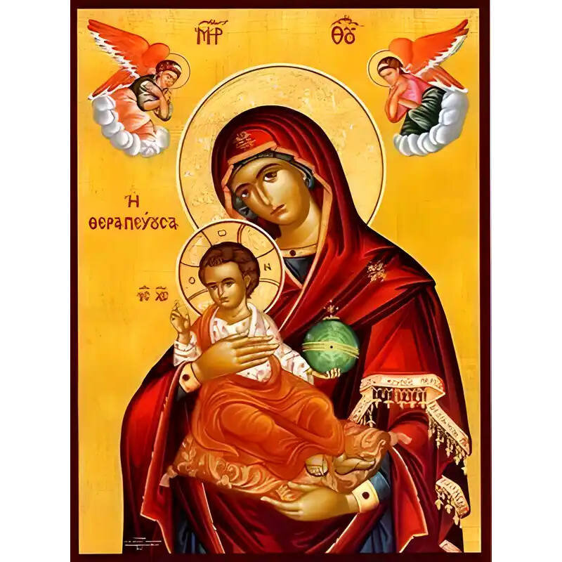 Σετ των 2 Εικόνα Ορθοδοξίας με περίγραμμα χρυσό σε ξύλο Φλαμουρίας  με  βάση Εικόνα ΠΑΝΑΓΙΑ ΜΕ ΧΡΙΣΤΟ, ΘΕΡΑΠΕΥΟΥΣΑ Χειροποίητη Ελληνορθόδοξη εικόνα του Ιησού Χριστού, Κρεμαστή πλάκα βυζαντινής τέχνης, χριστιανική τέχνη Διάσταση 15x11 cm (5,9x4,3 ίντσες)
