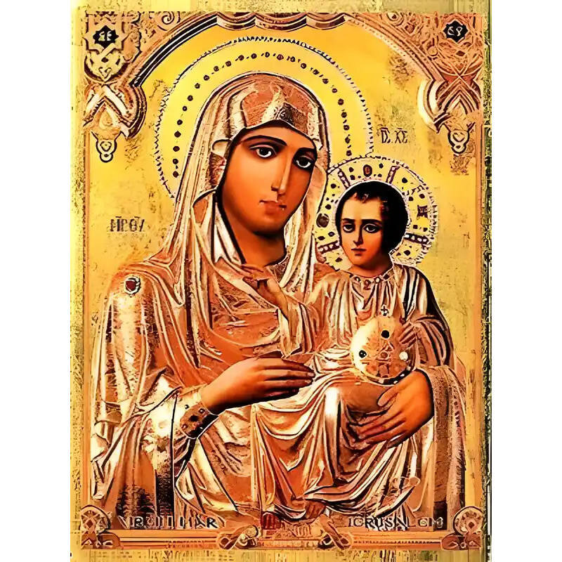 Σετ των 2 Εικόνα Ορθοδοξίας με περίγραμμα χρυσό σε ξύλο Φλαμουρίας  με  βάση Εικόνα ΠΑΝΑΓΙΑ ΜΕ ΧΡΙΣΤΟ, ΙΕΡΟΣΟΛΥΜΙΤΙΣΣΑ Χειροποίητη Ελληνορθόδοξη εικόνα του Ιησού Χριστού, Κρεμαστή πλάκα βυζαντινής τέχνης, χριστιανική τέχνη Διάσταση 15x11 cm (5,9x4,3 ίντσε