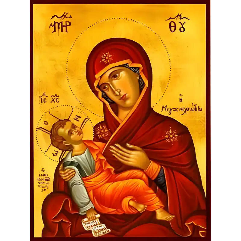 Σετ των 2 Εικόνα Ορθοδοξίας με περίγραμμα χρυσό σε ξύλο Φλαμουρίας  με  βάση Εικόνα ΠΑΝΑΓΙΑ ΜΕ ΧΡΙΣΤΟ, ΜΕΓΑΣΠΗΛΑΙΩΤΙΣΣΑ Χειροποίητη Ελληνορθόδοξη εικόνα του Ιησού Χριστού, Κρεμαστή πλάκα βυζαντινής τέχνης, χριστιανική τέχνη Διάσταση 15x11 cm (5,9x4,3 ίντσ