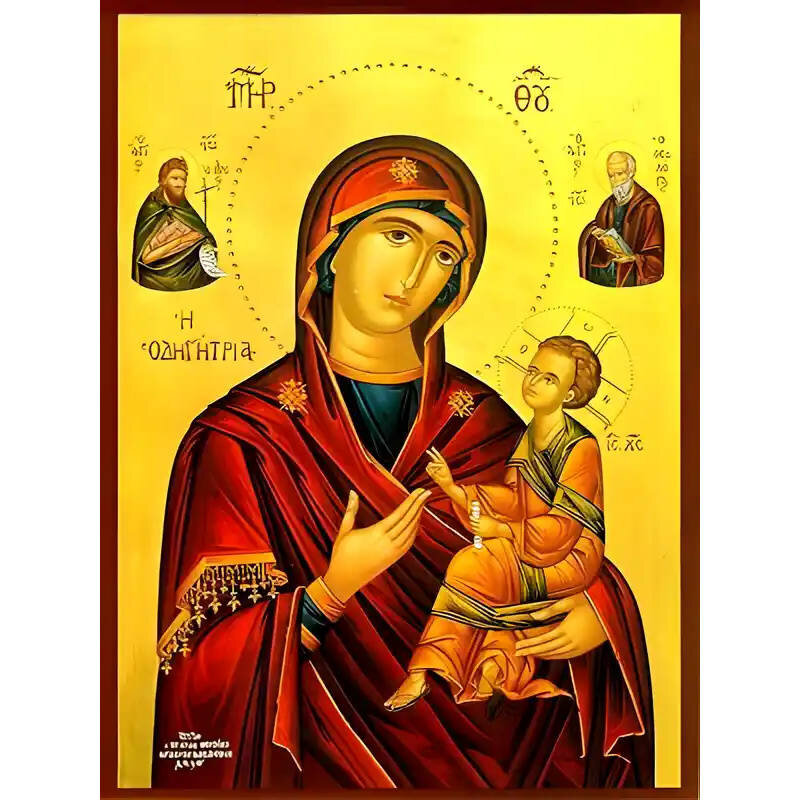 Σετ των 2 Εικόνα Ορθοδοξίας με περίγραμμα χρυσό σε ξύλο Φλαμουρίας  με  βάση Εικόνα ΠΑΝΑΓΙΑ ΜΕ ΧΡΙΣΤΟ, ΟΔΗΓΗΤΡΙΑ ΜΕ ΔΕΟΜΕΝΟΥΣ ΑΓΙΟΥΣ ΙΩΑΝΝΗ ΠΡΟΔΡΟΜΟ ΚΑΙ ΙΩΑΝΝΗ ΘΕΟΛΟΓΟ Χειροποίητη Ελληνορθόδοξη εικόνα του Ιησού Χριστού, Κρεμαστή πλάκα βυζαντινής τέχνης, χ