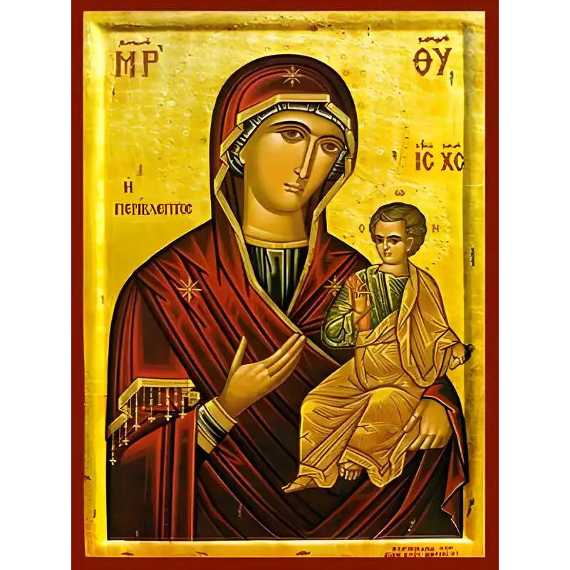 Σετ των 2 Εικόνα Ορθοδοξίας με περίγραμμα χρυσό σε ξύλο Φλαμουρίας  με  βάση Εικόνα ΠΑΝΑΓΙΑ ΜΕ ΧΡΙΣΤΟ, ΟΔΗΓΗΤΡΙΑ, ΠΕΡΙΒΛΕΠΤΟΣ Χειροποίητη Ελληνορθόδοξη εικόνα του Ιησού Χριστού, Κρεμαστή πλάκα βυζαντινής τέχνης, χριστιανική τέχνη Διάσταση 15x11 cm (5,9x4,