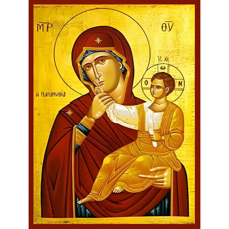Σετ των 2 Εικόνα Ορθοδοξίας με περίγραμμα χρυσό σε ξύλο Φλαμουρίας  με  βάση Εικόνα ΠΑΝΑΓΙΑ ΜΕ ΧΡΙΣΤΟ, ΠΑΡΑΜΥΘΙΑ Χειροποίητη Ελληνορθόδοξη εικόνα του Ιησού Χριστού, Κρεμαστή πλάκα βυζαντινής τέχνης, χριστιανική τέχνη Διάσταση 15x11 cm (5,9x4,3 ίντσες)  IN