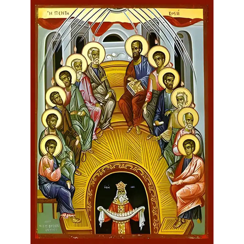 Σετ των 2 Εικόνα Ορθοδοξίας με περίγραμμα χρυσό σε ξύλο Φλαμουρίας  με  βάση Εικόνα ΠΕΝΤΗΚΟΣΤΗ Χειροποίητη Ελληνορθόδοξη εικόνα του Ιησού Χριστού, Κρεμαστή πλάκα βυζαντινής τέχνης, χριστιανική τέχνη Διάσταση 15x11 cm (5,9x4,3 ίντσες)  INTRAEK-337757864169