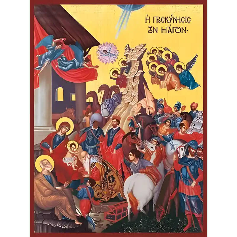 Σετ των 2 Εικόνα Ορθοδοξίας με περίγραμμα χρυσό σε ξύλο Φλαμουρίας  με  βάση Εικόνα ΠΡΟΣΚΥΝΗΣΙΣ ΤΩΝ ΜΑΓΩΝ Χειροποίητη Ελληνορθόδοξη εικόνα του Ιησού Χριστού, Κρεμαστή πλάκα βυζαντινής τέχνης, χριστιανική τέχνη Διάσταση 15x11 cm (5,9x4,3 ίντσες)  INTRAEK-3