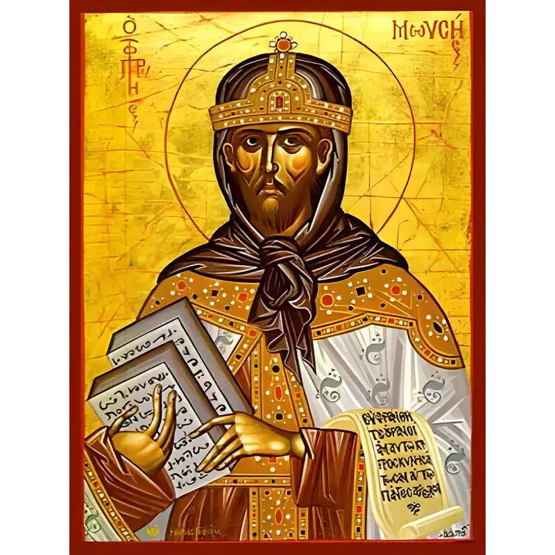 Σετ των 2 Εικόνα Ορθοδοξίας με περίγραμμα χρυσό σε ξύλο Φλαμουρίας  με  βάση Εικόνα ΠΡΟΦΗΤΗΣ ΜΩΫΣΗΣ, Ο ΘΕΟΠΤΗΣ Χειροποίητη Ελληνορθόδοξη εικόνα του Ιησού Χριστού, Κρεμαστή πλάκα βυζαντινής τέχνης, χριστιανική τέχνη Διάσταση 15x11 cm (5,9x4,3 ίντσες)  INTR