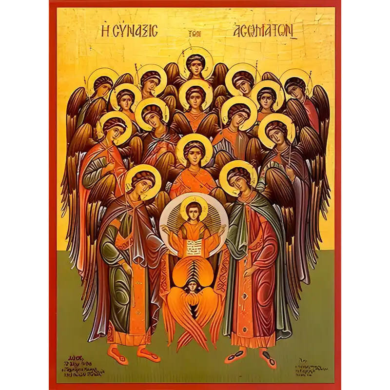 Σετ των 2 Εικόνα Ορθοδοξίας με περίγραμμα χρυσό σε ξύλο Φλαμουρίας  με  βάση Εικόνα ΣΥΝΑΞΙΣ ΑΡΧΑΓΓΕΛΩΝ (ΑΣΩΜΑΤΩΝ), ΟΛΟΣΩΜΟΙ Χειροποίητη Ελληνορθόδοξη εικόνα του Ιησού Χριστού, Κρεμαστή πλάκα βυζαντινής τέχνης, χριστιανική τέχνη Διάσταση 15x11 cm (5,9x4,3