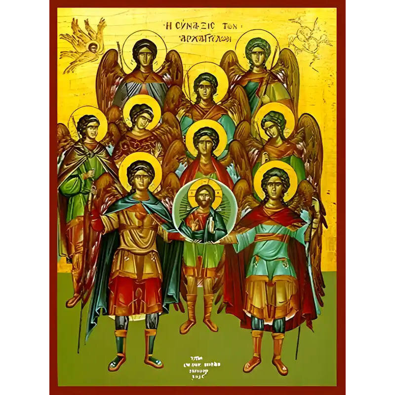 Σετ των 2 Εικόνα Ορθοδοξίας με περίγραμμα χρυσό σε ξύλο Φλαμουρίας  με  βάση Εικόνα ΣΥΝΑΞΙΣ ΑΡΧΑΓΓΕΛΩΝ, ΟΛΟΣΩΜΟΙ Χειροποίητη Ελληνορθόδοξη εικόνα του Ιησού Χριστού, Κρεμαστή πλάκα βυζαντινής τέχνης, χριστιανική τέχνη Διάσταση 15x11 cm (5,9x4,3 ίντσες)  IN