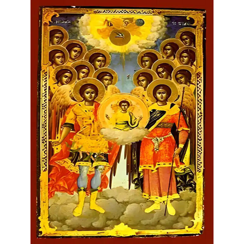 Σετ των 2 Εικόνα Ορθοδοξίας με περίγραμμα χρυσό σε ξύλο Φλαμουρίας  με  βάση Εικόνα ΣΥΝΑΞΙΣ ΤΑΞΙΑΡΧΩΝ, ΟΛΟΣΩΜΟΙ Χειροποίητη Ελληνορθόδοξη εικόνα του Ιησού Χριστού, Κρεμαστή πλάκα βυζαντινής τέχνης, χριστιανική τέχνη Διάσταση 15x11 cm (5,9x4,3 ίντσες)  INT