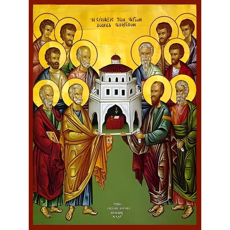 Σετ των 2 Εικόνα Ορθοδοξίας με περίγραμμα χρυσό σε ξύλο Φλαμουρίας  με  βάση Εικόνα ΣΥΝΑΞΙΣ ΤΩΝ ΑΓΙΩΝ ΔΩΔΕΚΑ ΑΠΟΣΤΟΛΩΝ Χειροποίητη Ελληνορθόδοξη εικόνα του Ιησού Χριστού, Κρεμαστή πλάκα βυζαντινής τέχνης, χριστιανική τέχνη Διάσταση 15x11 cm (5,9x4,3 ίντσε