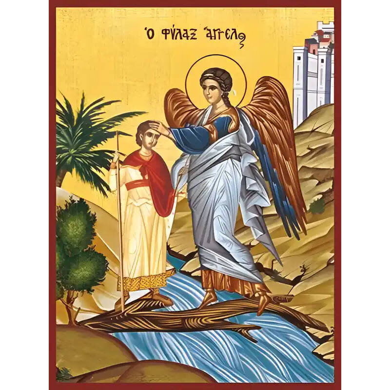 Σετ των 2 Εικόνα Ορθοδοξίας με περίγραμμα χρυσό σε ξύλο Φλαμουρίας  με  βάση Εικόνα ΦΥΛΑΞ ΑΓΓΕΛΟΣ Χειροποίητη Ελληνορθόδοξη εικόνα του Ιησού Χριστού, Κρεμαστή πλάκα βυζαντινής τέχνης, χριστιανική τέχνη Διάσταση 15x11 cm (5,9x4,3 ίντσες)  INTRAEK-337757864