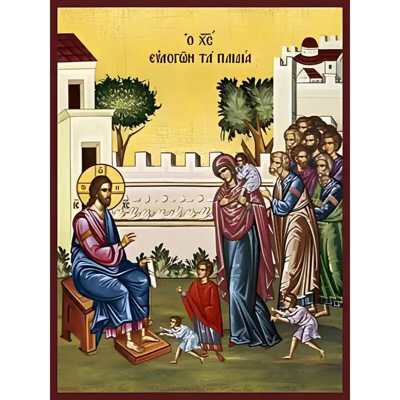 Σετ των 2 Εικόνα Ορθοδοξίας με περίγραμμα χρυσό σε ξύλο Φλαμουρίας  με  βάση Εικόνα ΧΡΙΣΤΟΣ ΕΥΛΟΓΩΝ ΤΑ ΠΑΙΔΙΑ Χειροποίητη Ελληνορθόδοξη εικόνα του Ιησού Χριστού, Κρεμαστή πλάκα βυζαντινής τέχνης, χριστιανική τέχνη Διάσταση 15x11 cm (5,9x4,3 ίντσες)  INTRA