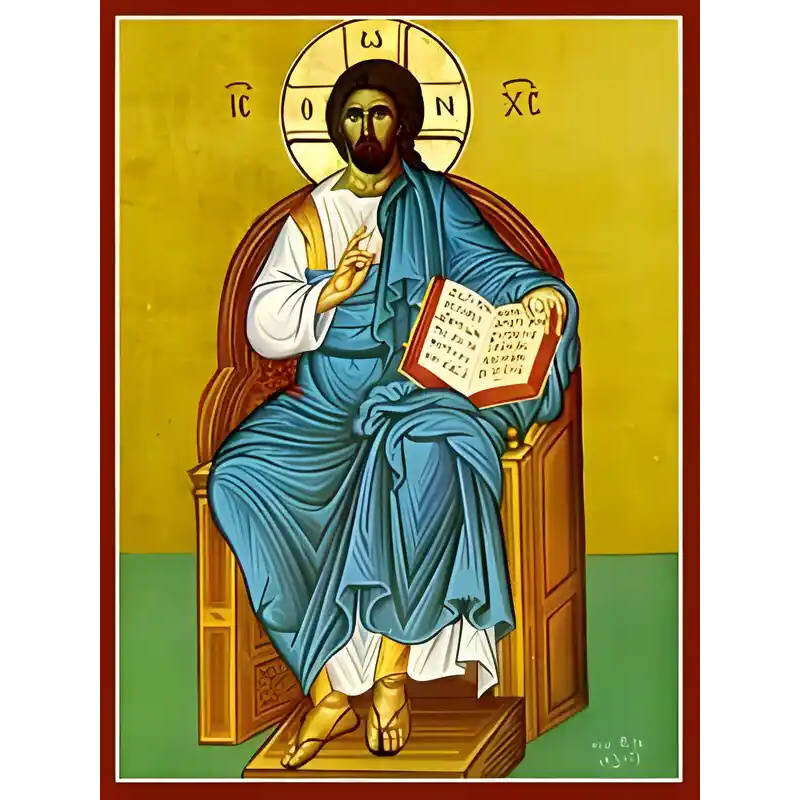 Σετ των 2 Εικόνα Ορθοδοξίας με περίγραμμα χρυσό σε ξύλο Φλαμουρίας  με  βάση Εικόνα ΧΡΙΣΤΟΣ ΕΥΛΟΓΩΝ, ΕΝΘΡΟΝΟΣ Χειροποίητη Ελληνορθόδοξη εικόνα του Ιησού Χριστού, Κρεμαστή πλάκα βυζαντινής τέχνης, χριστιανική τέχνη Διάσταση 15x11 cm (5,9x4,3 ίντσες)  INTRA