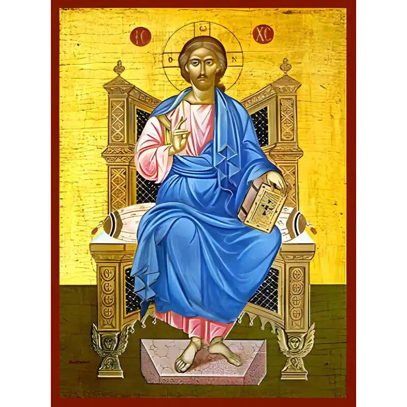 Σετ των 2 Εικόνα Ορθοδοξίας με περίγραμμα χρυσό σε ξύλο Φλαμουρίας  με  βάση Εικόνα ΧΡΙΣΤΟΣ ΕΥΛΟΓΩΝ, ΕΝΘΡΟΝΟΣ Χειροποίητη Ελληνορθόδοξη εικόνα του Ιησού Χριστού, Κρεμαστή πλάκα βυζαντινής τέχνης, χριστιανική τέχνη Διάσταση 15x11 cm (5,9x4,3 ίντσες)  INTRA